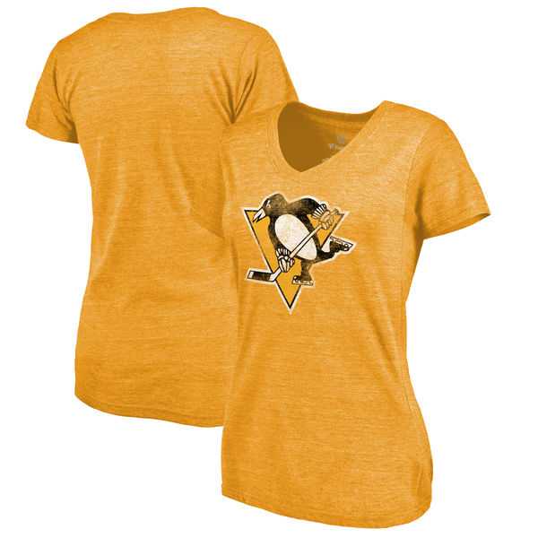 Women's Pittsburgh Penguins Distressed Team Primary Logo V Neck Tri Blend T-Shirt Gold FengYun,We sell and wholesale Women's Pittsburgh Penguins Distressed Team Primary Logo V Neck Tri Blend T-Shirt Gold FengYun on line form chian!